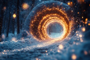 Lights shining from snow tunnel.