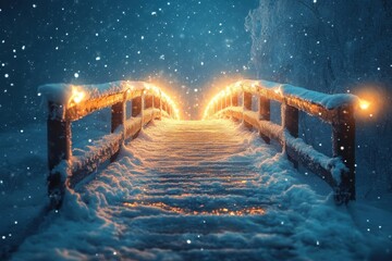 Snowy path illuminated at night.