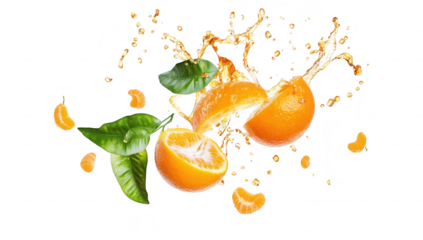 Freshly sliced oranges bursting with juice and splashes. surrounded by green leaves and scattered segments. creating a lively and refreshing atmosphere ideal for food and beverage promotions