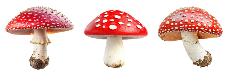 Series of red mushrooms with white specks, highlighting their vivid color and spotted texture, PNG, isolated on transparent background.