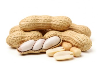 A small pile of peanuts, with one pod cracked open to reveal the kernels, providing a clear look at the texture and form. Isolated white background.