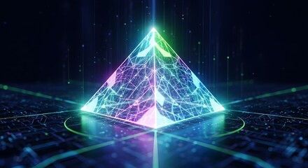 Abstract 3D rendering of a futuristic pyramid with glowing lines and digital data flow