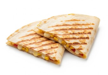 Fototapeta premium A pair of grilled tortilla triangles filled with melted cheese, corn, and red peppers, showing distinct grill marks on the surface. Isolated white background.