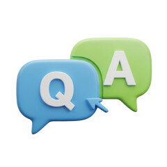 QA 3d icon. Letters Q and A in chat bubbles. Question and answer concept. FAQ, frequently asked questions, dialog concept. 3d illustration isolated on transparent background 