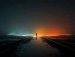 Surreal image of a solitary figure walking along a reflective path illuminated by opposing blue and orange lights, symbolizing duality and life choices.
