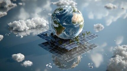 an illustration of an idealized earth like planet atop a floating solar energy panel, symbolizing sustainable energy and environmental care