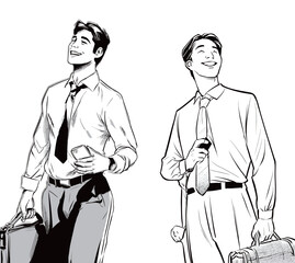 Two young men dressed in formal clothing stand side by side, both smiling and holding briefcases. One has a smartphone in his hand, exuding confidence and happiness.