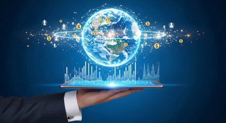 Global Business Technology Network Earth Data Analytics on Tablet Displayed by Hand in Suit
