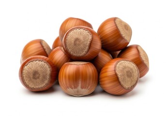 Obraz premium A close-up of a small pile of whole hazelnuts in their shells, stacked together on a white surface. The shells are smooth, brown, and have a rich, natural luster.