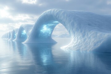 Icebergs float in the ocean.