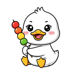 A cute cartoon duck character sitting down and holding a traditional Japanese dango dessert skewer