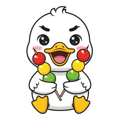 A cute cartoon duck character joyfully holding sweet Japanese dango skewers, a happy kawaii vector illustration
