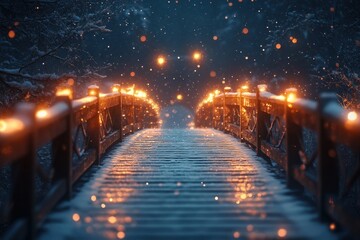 Snow-covered bridge illuminated by lights.