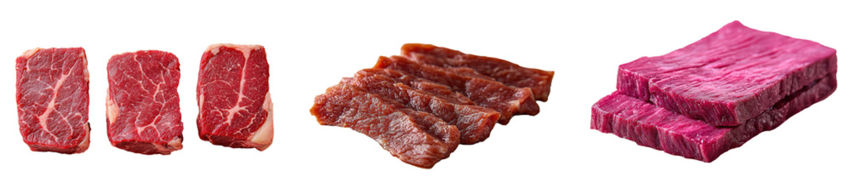 A collection of different cuts of beef, including marbled steaks, dried beef strips, and vibrant pink beef slices, PNG, isolated on transparent background.