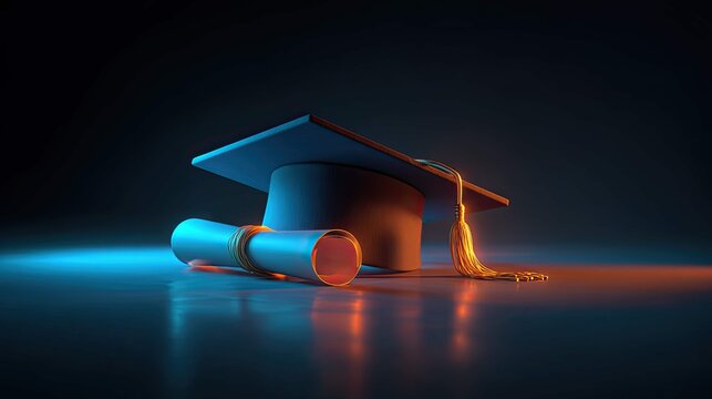 a graduation cap and diploma lying next to a mortarboard on a surface with a dark background