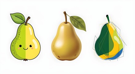 A set of pears in different styles, cartoon, realistic, and abstract, vector style