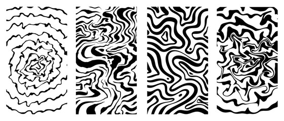 Four black and white abstract patterns with flowing lines. Perfect for graphic design projects, backgrounds, textiles, and modern art inspirations.