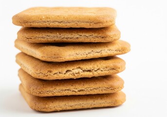 A stack of golden-brown, square cookies with subtle indentations rests on a clean white surface, highlighting their simple, baked texture.
