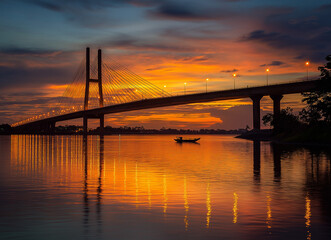 Golden suspension bridge over a calm river at sunset with boat and glowing street lights reflecting on the water