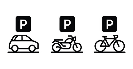 Black and white icons of car, motorcycle, and bicycle parking signs, ideal for urban planning, transport infrastructure, and signage design