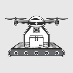 Fototapeta premium Vector illustration of a drone carrying a package on a conveyor belt, the future of delivery services