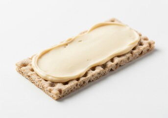 A rectangular piece of whole-grain crispbread topped with a smooth, light yellow layer of butter or cheese spread. Isolated white background.