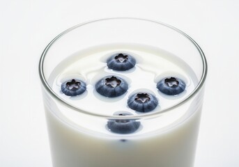 A minimalist view of fresh blueberries floating in a glass of white milk. Isolated white background.