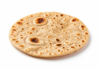 A single, perfectly round, lightly browned flatbread with puffed spots rests on an isolated white background.