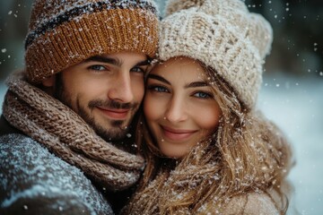Couple embracing in snowy landscape.