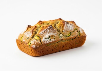 A single loaf of freshly baked zucchini bread with a crisp, golden-brown crust and visible bits of green vegetable. Isolated white background.