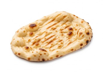 A fresh piece of naan bread, baked with irregular charred spots and a soft, slightly bubbly texture. Isolated white background.
