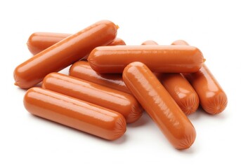 A small pile of uncooked hot dogs, with a smooth, bright orange surface and a uniform cylindrical shape. Isolated white background.