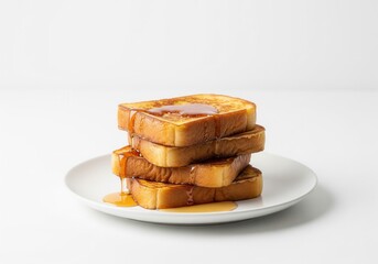 A tall stack of golden-brown french toast is generously drizzled with rich, amber syrup, creating a sweet breakfast. Isolated white background.
