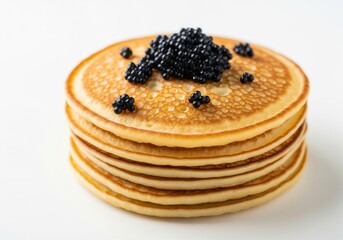 A high stack of golden pancakes topped with a mound of black caviar, creating a contrast of colors and textures. Isolated white background.