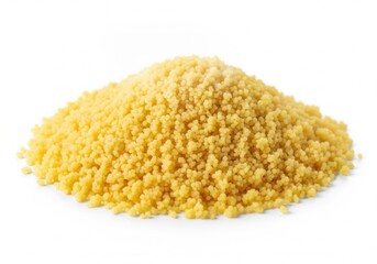 A small, neat mound of uncooked couscous grains rests on a clean white surface, highlighting its delicate, golden color and grainy texture.Isolated white background.