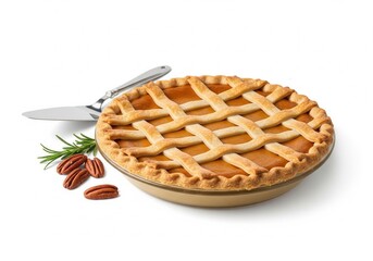 A perfectly baked pumpkin pie with a lattice crust rests in a glass dish, garnished with pecans and rosemary, alongside a silver serving utensil. Isolated white background.