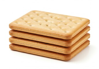 A stack of four rectangular, light brown, dry crackers, each perforated with small holes. Isolated white background.