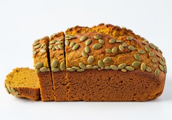 A moist, golden-brown pumpkin bread loaf, topped with bright green pumpkin seeds, is sliced into thick pieces, revealing its warm, earthy interior. Isolated white background.