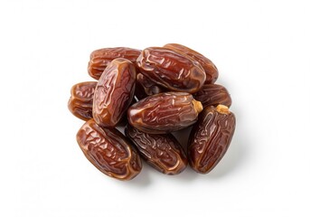 A clustered pile of dark brown, dried dates rests together, displaying their wrinkled texture and glossy, sticky surface on a light background. Isolated white background.