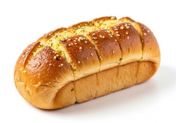 An appetizing loaf of golden-brown garlic bread, partially sliced and brushed with a herb butter mixture and topped with sesame seeds. Isolated white background.