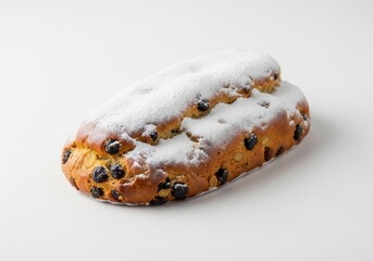 A golden-brown stollen, a traditional German fruitcake, is generously dusted with white powdered sugar. Isolated white background.