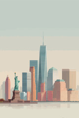 A stunning skyline view of New York City showcases the Statue of Liberty in the foreground with tall, modern skyscrapers in the background under a clear sky.