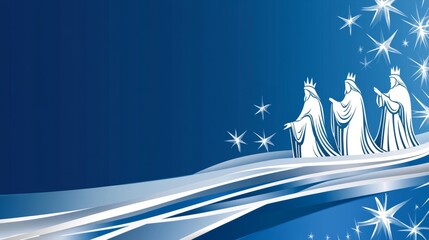 Three regal figures in flowing robes journeying through a starry night landscape with copy space