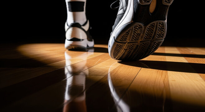 Close-up of basketball shoes squeaking on a polished wooden floor.