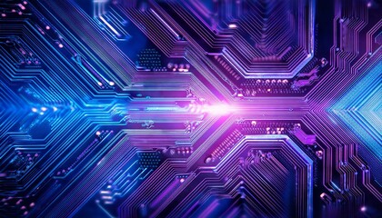 blue and purple technology circuit board background with glowing electronic components futuristic digital concept for innovation and connectivity