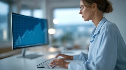 female accountant using dual monitors showing increasing profits upward arrows productivity achievement soft keyboard and mouse clicks three quarter wide angle cinematic color cor - Powered by Adobe