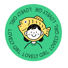 Cute Girl with Fish Hat Vector Illustration, Hand Drawn Cartoon Design