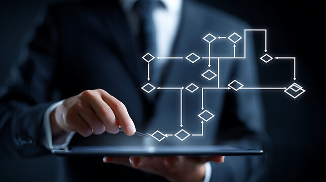 Businessman interacting with digital flowchart on tablet screen suit