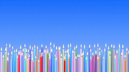 Obraz premium Colorful Birthday Candles of Varied Height Flickering on a Gradient Blue Background