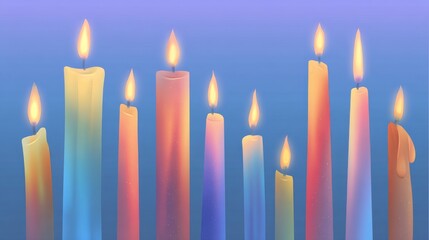 Colorful Birthday Candles of Varied Height Flickering on a Gradient Blue Background